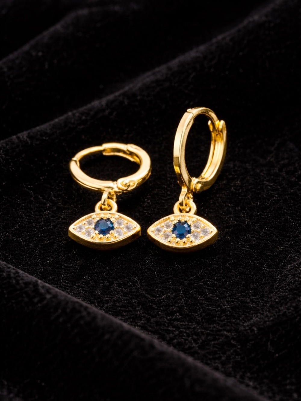 Gold Huggie Evil Eye Earrings with Blue Crystal Eye Charm